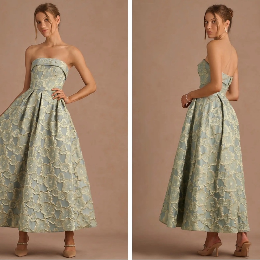 Azazie Strapless Jacquard Tea-Length Dress in Pale Green and Gold